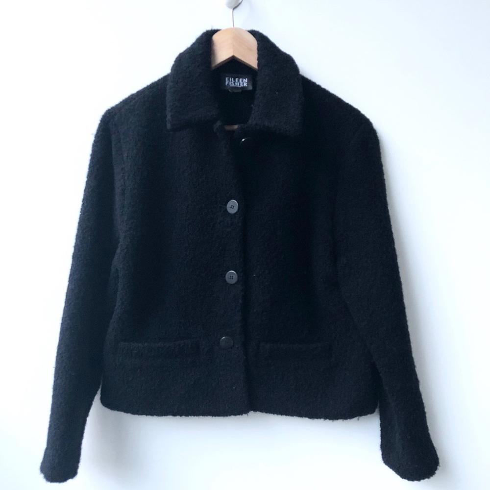 Eileen Fisher Black Wool Fuzzy Teddy Button Jacket